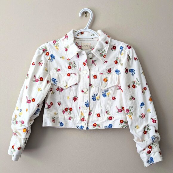 Alice + Olivia Renee Floral Embroidered Cropped Denim Jean White Jacket  XS - Picture 1 of 8